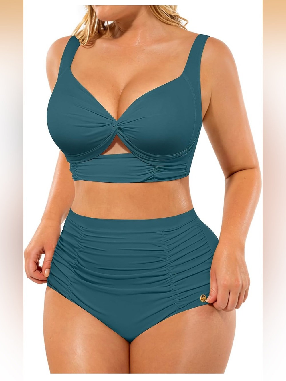 Ruched Teal Twist-Front High-Waist Bikini Set
